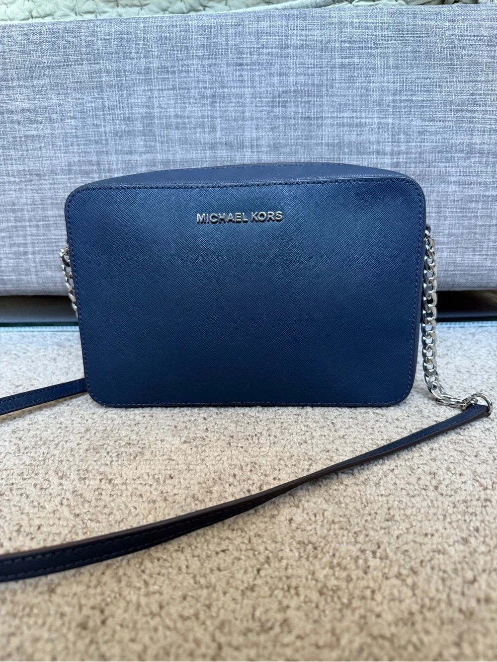 Michael Kors Navy Saffiano Leather Crossbody with Silver Chain